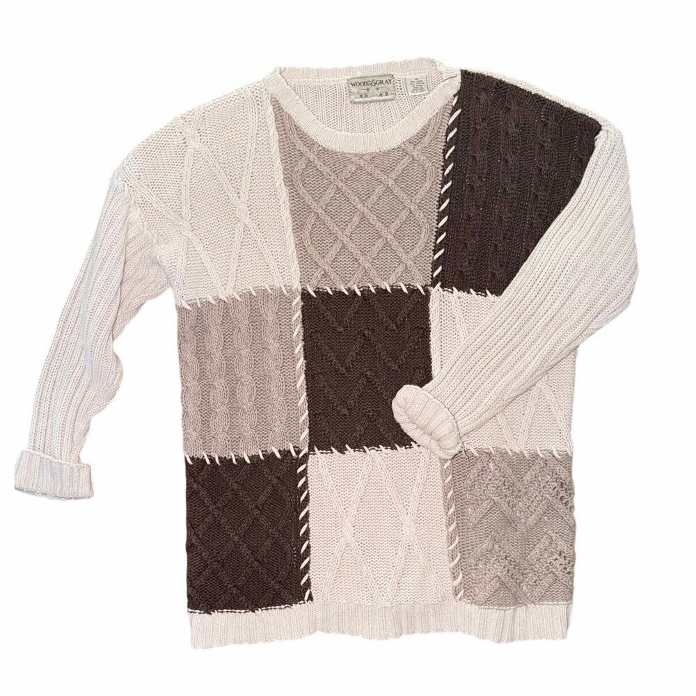 Vintage woods & gray cable knit patchwork cotton ramie sweater medium neutrals